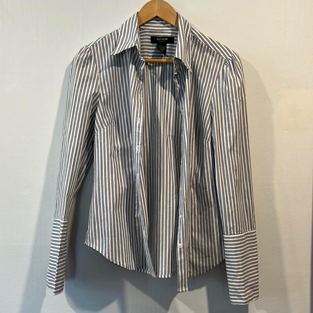 Express Size 9/10 Blue and White Striped Button Down